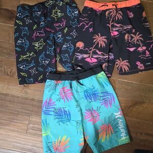 Hurley Teal Tropical Leaf Swim Trunks with Neon Print Boardshorts Set